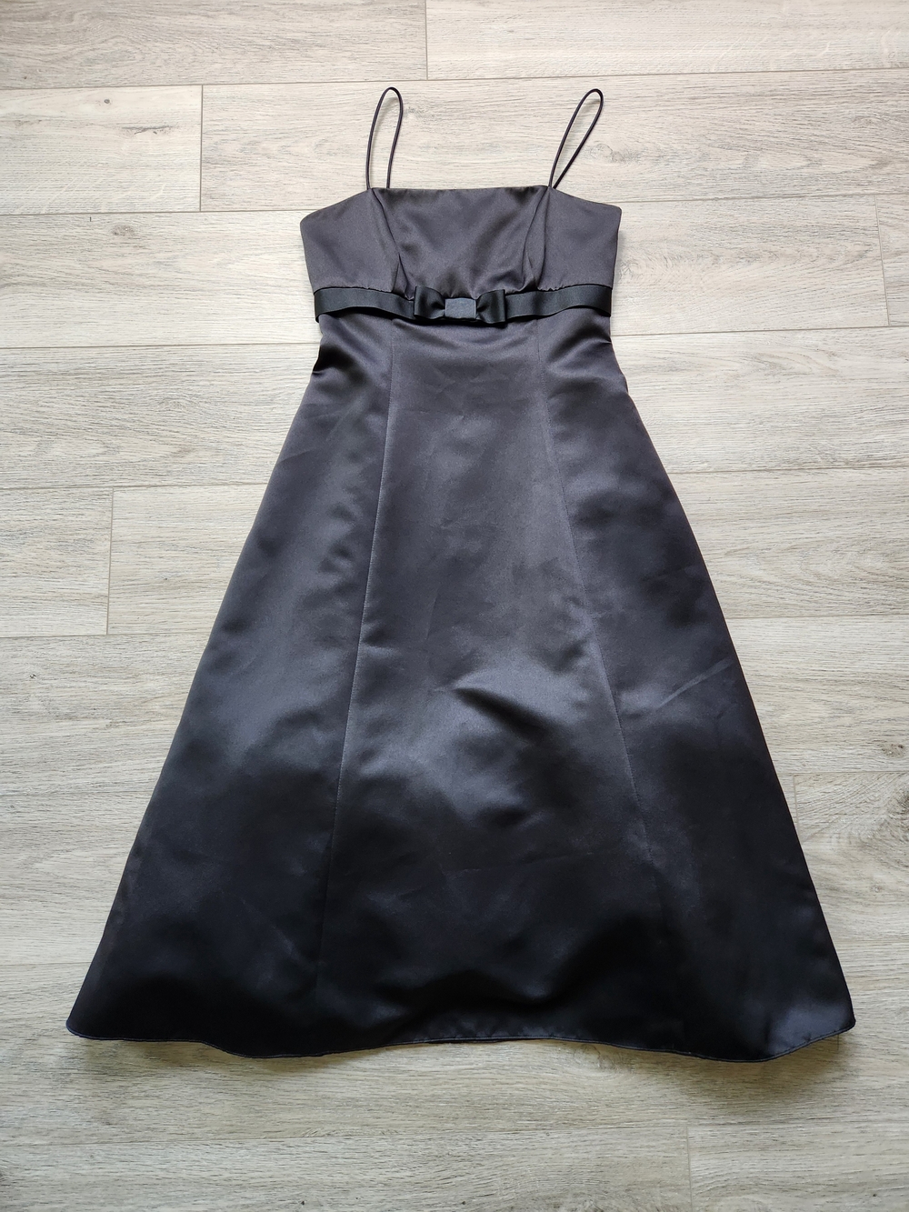 David's Bridal Black Satin Empire Waist Dress Bow A-Line Womens 6 Wedding